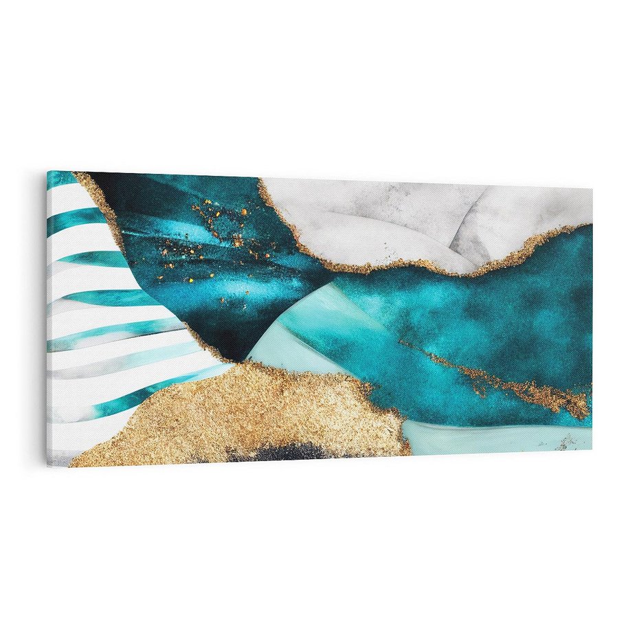 Obraz na płótnie 100x50 - Rozlane Turkusy - Turkusowe plamy, złote elementy