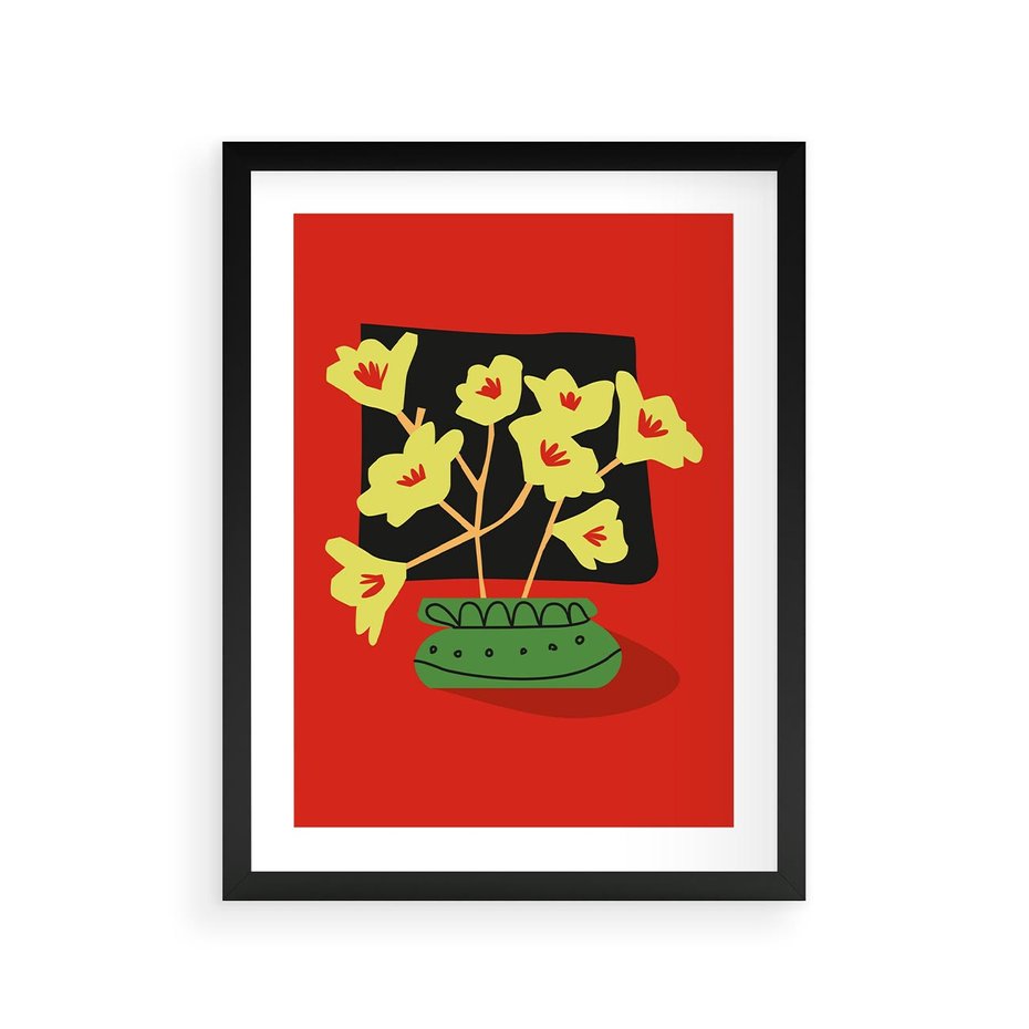 Plakat w ramie 30x40 - Abstrakcyjne Przenikanie - abstrakcyjne kwiaty, czerwone tło - rama czarna