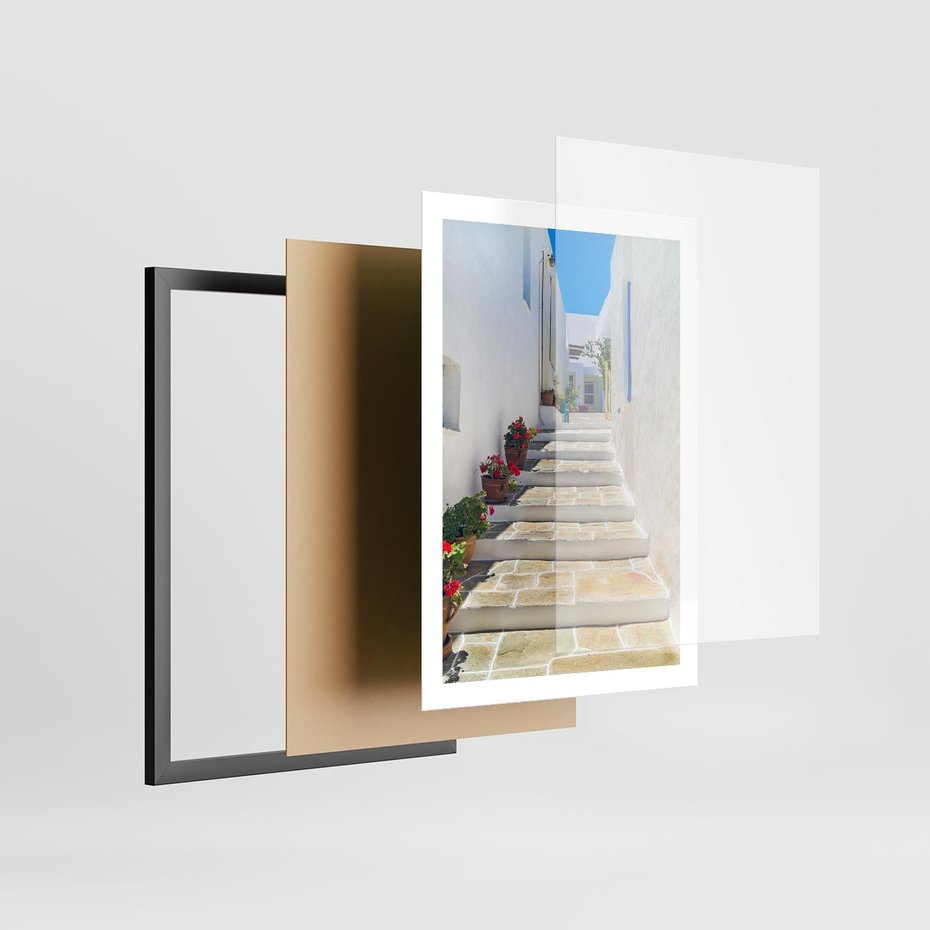 Plakat w ramie 50x70 - Urok Greckiej Uliczki - grecka, uliczka - rama czarna
