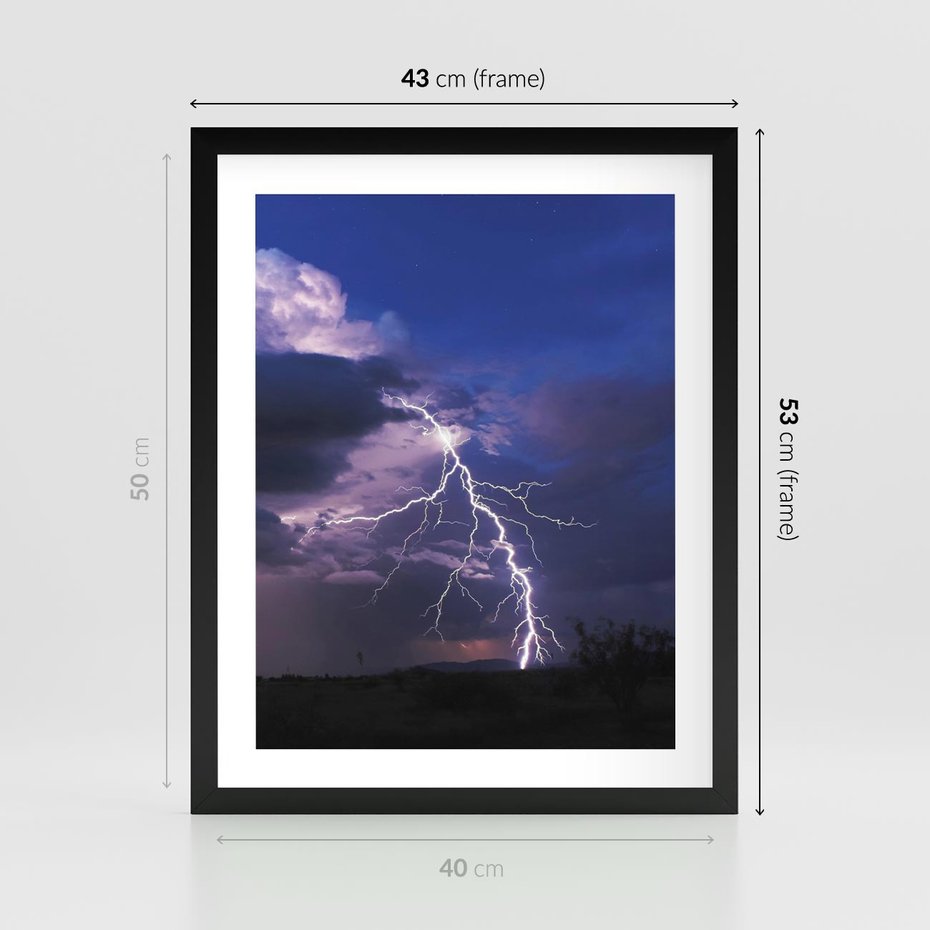 Plakat w ramie 40x50 - Burza z błyskawicami nad horyzontem - burza, błyskawica - rama czarna