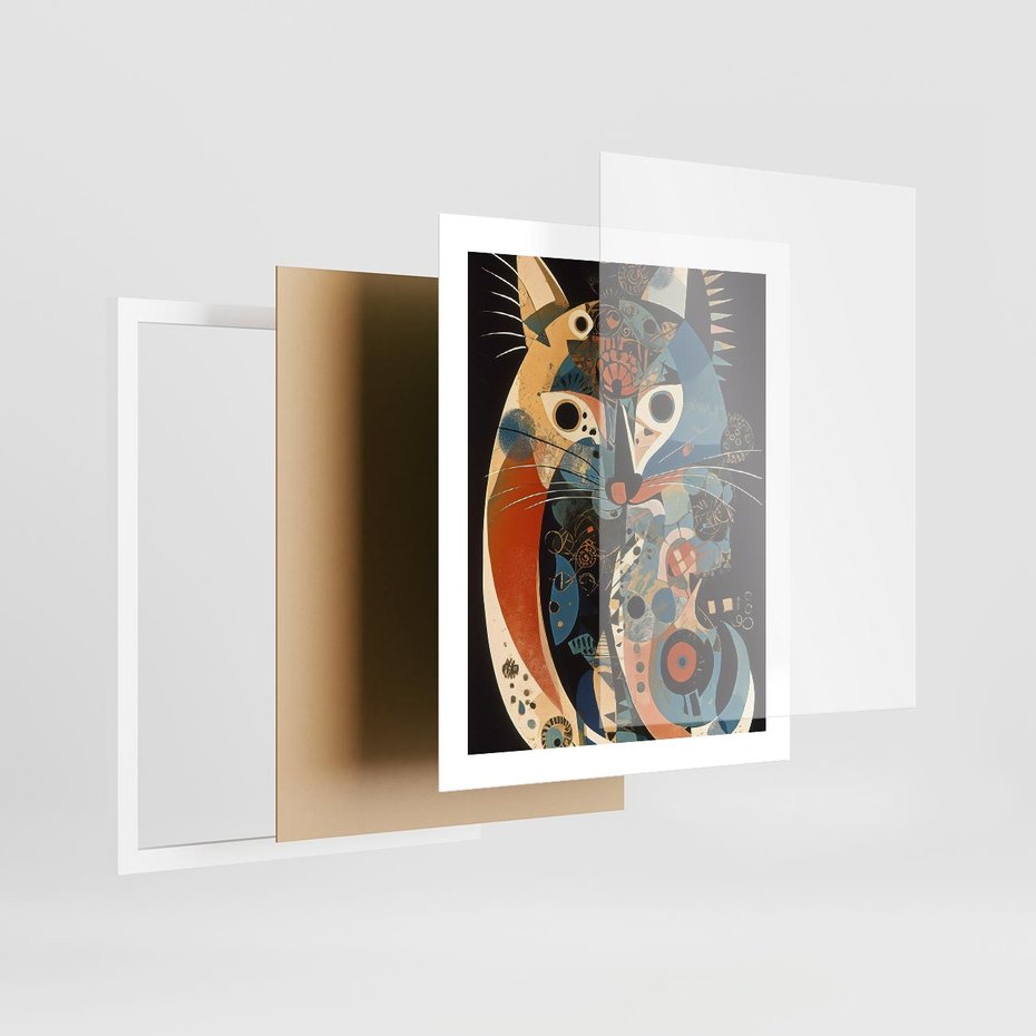 Plakat w ramie 40x50 - Księga Surrealnych Wymiarów - abstrakcyjny obraz olejny, kot - rama biała