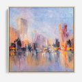 Obraz w ramie 80x80 - Miasto Refleksji - olejna panorama miasta w oddali, wiezowce odbijają się w rzece - rama drewno