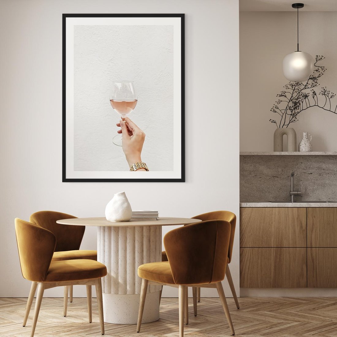 Plakat w ramie 50x70 - Kobieca Dłoń i Różowe Wino - kieliszek różowego wina, kobieca dłoń - rama czarna