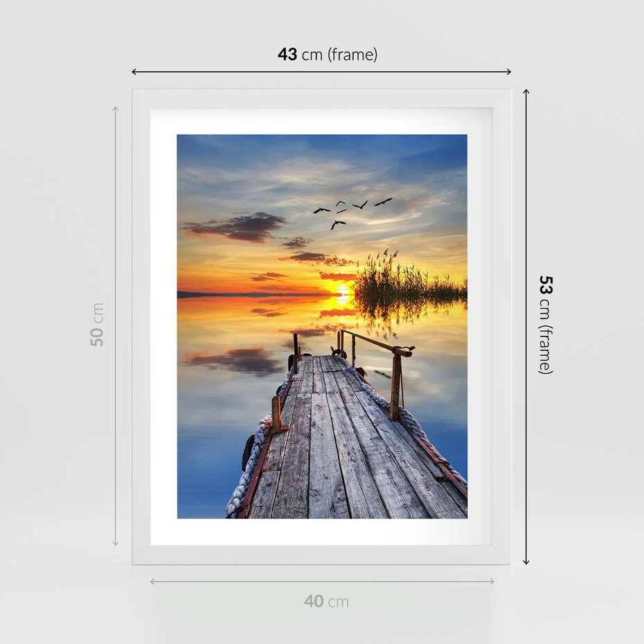 Plakat w ramie 40x50 - Zachód słońca na pomostach - zachód, słońca - rama biała