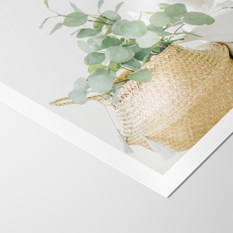 Plakat bez ramy 21x30 - Eukaliptusowa Świeżość - eukaliptus, liście w koszu z wikliny