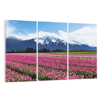 Obraz na płótnie 120x80 - Tulipany w malowniczym krajobrazie" - tulipany, krajobraz