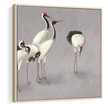 Obraz w ramie 50x50 - Spojrzenie wstecz w pędzlu - szkic rysunek, japońskie żurawie - rama drewno