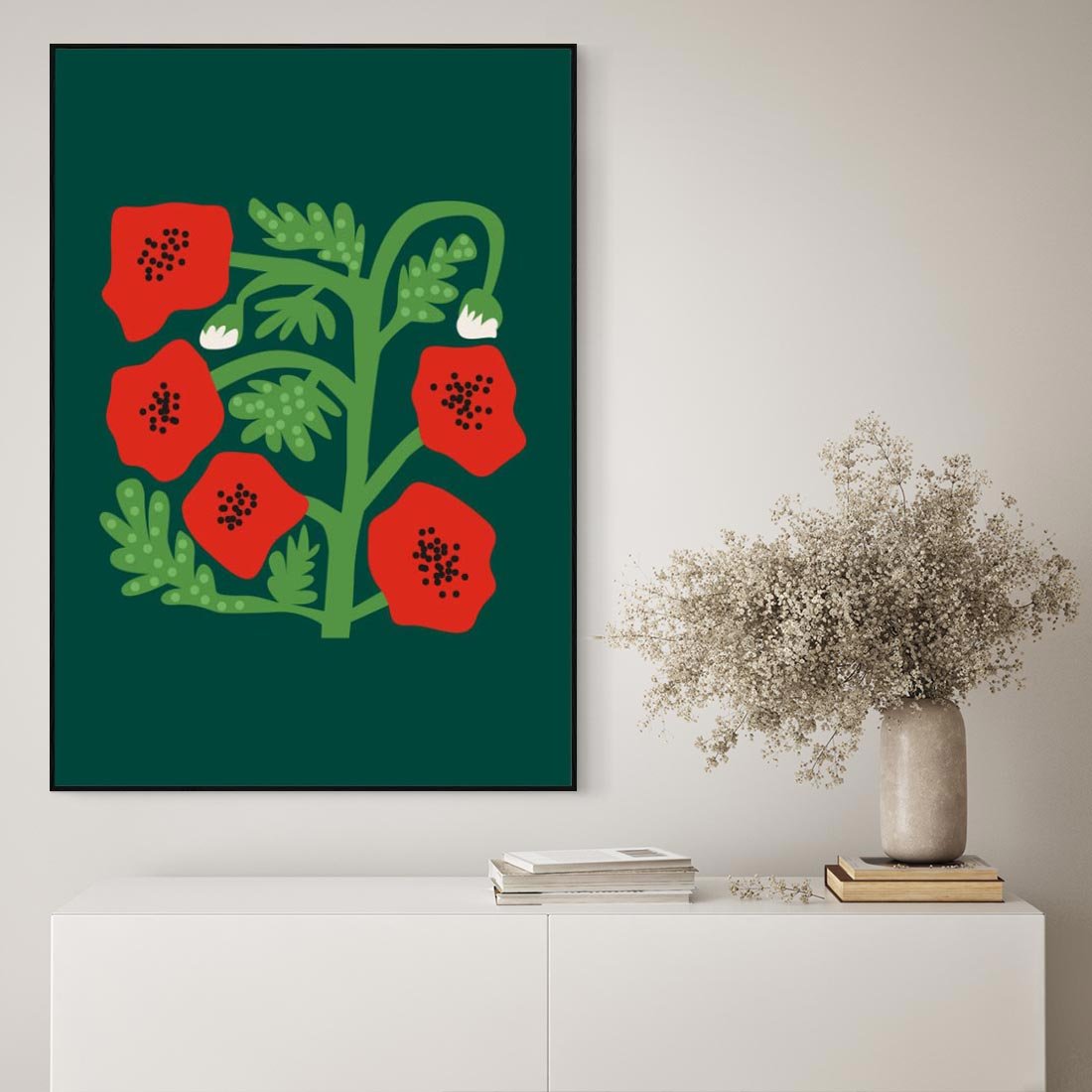 Obraz w ramie 50x70 - Księga Odbić - abstrakcyjna kwiatowa kompozycja, zielone  mocne tło - rama czarna