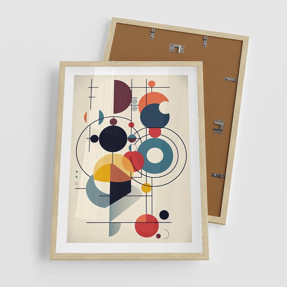 Plakat w ramie 50x70 - Rozbijające Barwne Granice - abstrakcyjna geometryczna kompozycja, koła linie - rama drewno