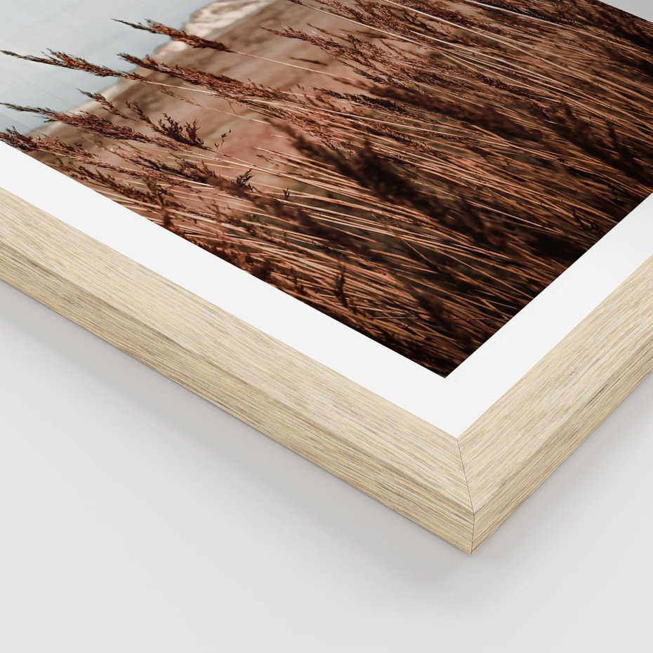 Plakat w ramie 50x70 - Wysokie Trawy w Górskim Krajobrazie - suche trawy, wysokie trawy - rama drewno