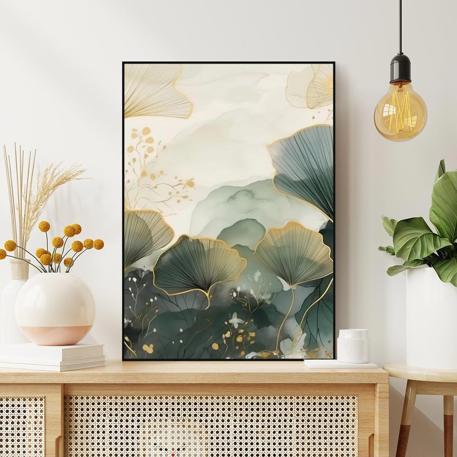 Obraz w ramie 70x100 - Natura w Złotym Odcieniu - złote elementy, liście miłorzębu japońskiego - rama czarna