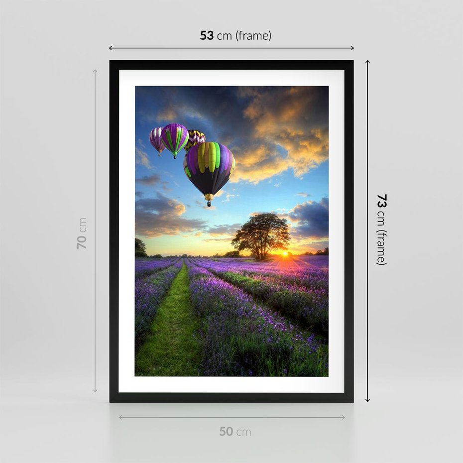 Plakat w ramie 50x70 - Lawendowe Marzenia - lawenda, balony - rama czarna