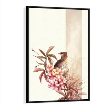 Obraz w ramie 50x70 - Kwiatowe Zanurzenie - japońska sztuka, ptak - rama czarna