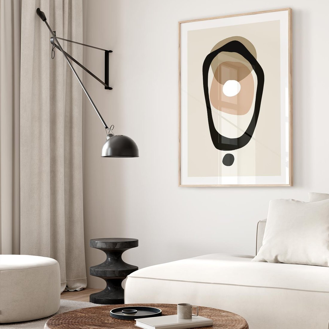 Plakat w ramie 30x40 - Intrygujące Zaskoczenia - beżowa abstrakcyjna kompozycja, czarny akcent - rama drewno
