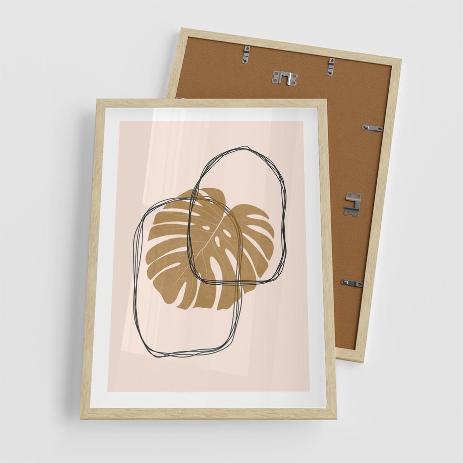 Plakat w ramie 50x70 - Liście w Beżowym Minimalizmie - minimalistyczny obraz, liście monstery - rama drewno