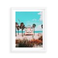 Plakat w ramie 40x50 - Plaża, Palmy i Spokój Miami - budka ratownika, plaża Miami - rama biała