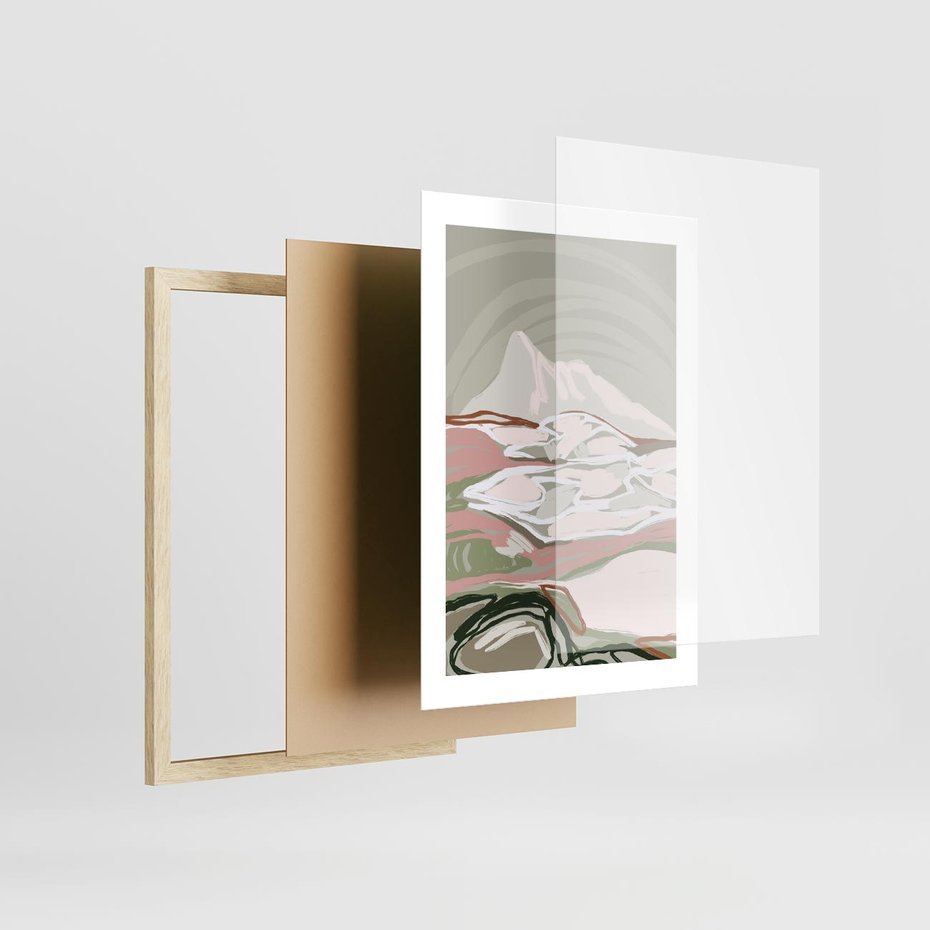Plakat w ramie 30x40 - Szarawe Wzgórza - pastelowy krajobraz, nowoczesny plakat - rama drewno