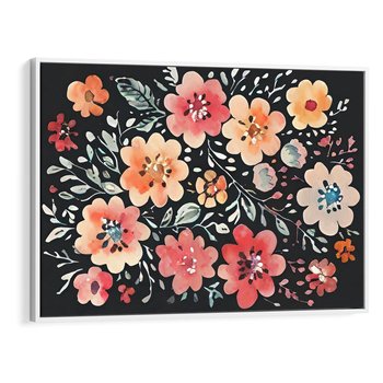 Obraz w ramie 100x70 - Labirynty melancholii - akwarelowe, pastelowe kwiaty na czarnym tle - rama biała