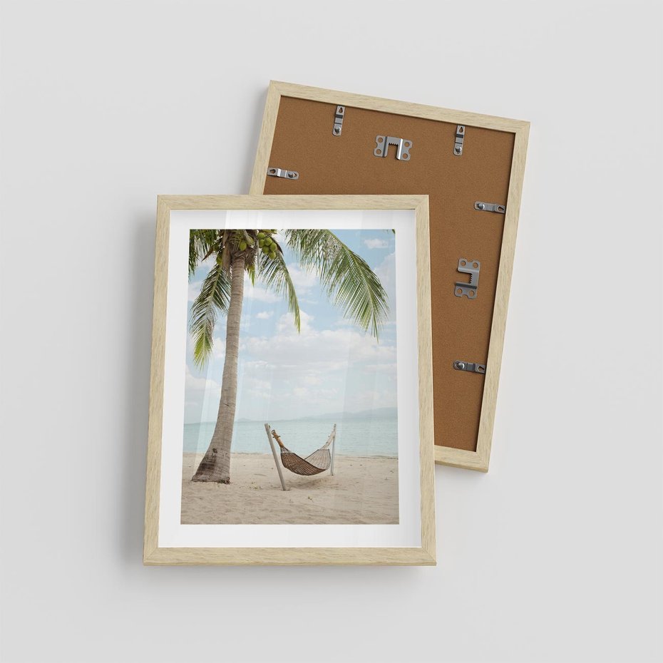 Plakat w ramie 30x40 - Relaks na plaży - palma, hamak - rama drewno
