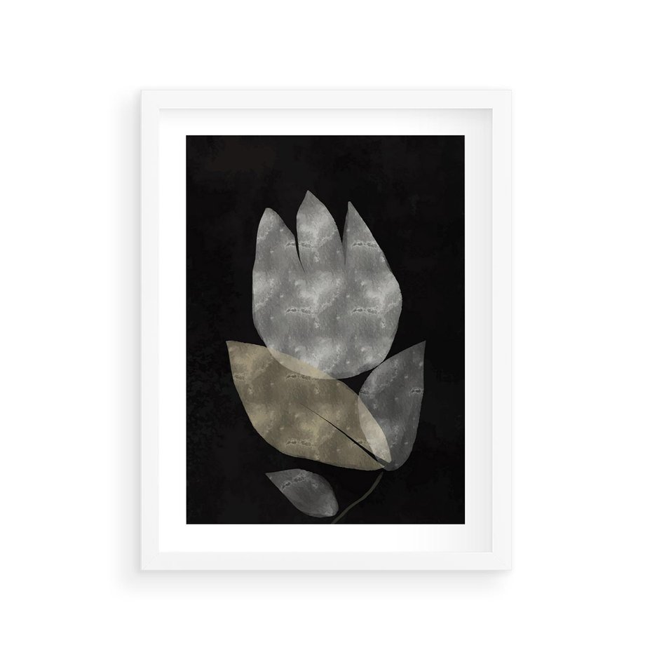 Plakat w ramie 30x40 - Nocne Uniesienia - abstrakcyjny kwiat, mroczna atmosfera - rama biała