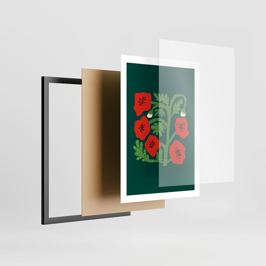 Plakat w ramie 50x70 - Księga Odbić - abstrakcyjna kwiatowa kompozycja, zielone mocne tło - rama czarna