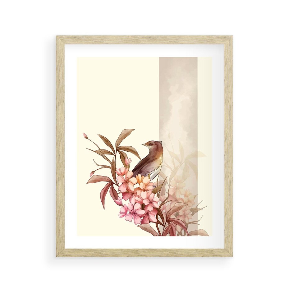Plakat w ramie 40x50 - Kwiatowe Zanurzenie - japońska sztuka, ptak - rama drewno