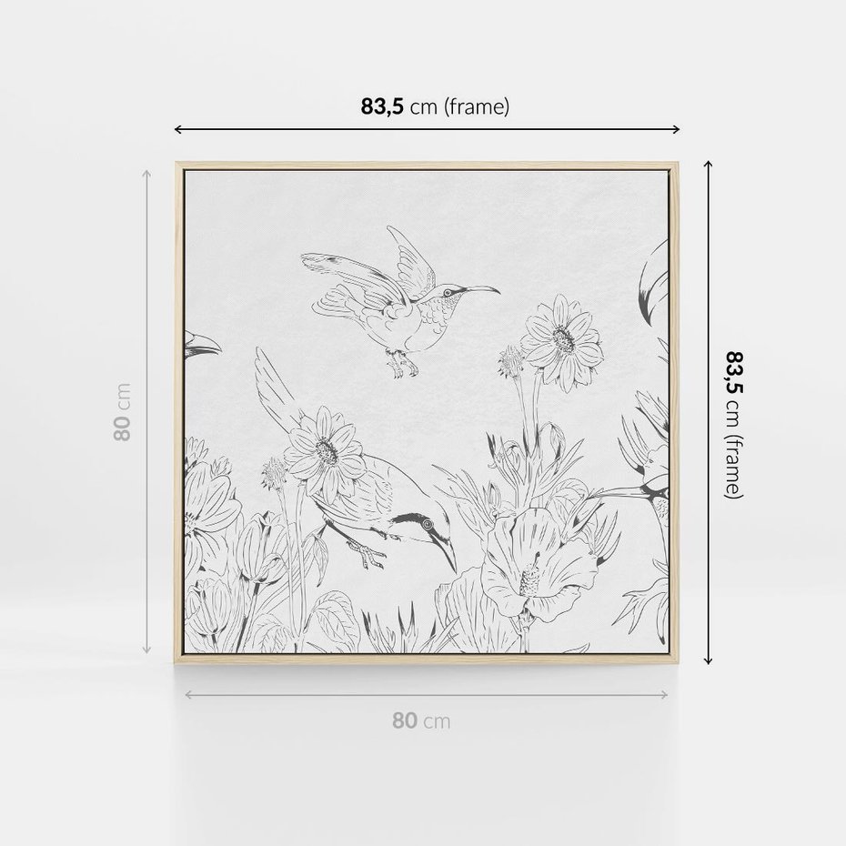 Obraz w ramie 80x80 - Tropiki w Monochromie - czarno biały szkic, tropikalne ptaki - rama drewno