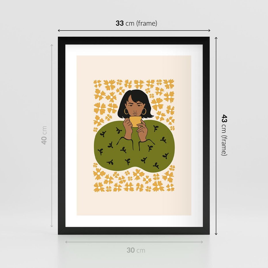 Plakat w ramie 30x40 - Wewnętrzne Fale - nowoczesny plakat, kobieta otoczona liśćmi - rama czarna