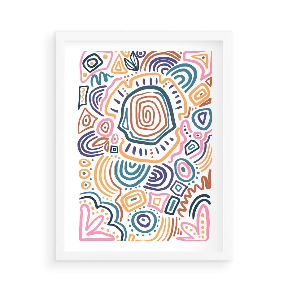 Plakat w ramie 50x70 - Eksploracja Etnicznych Granic - kolorowe etniczne wzory, tęczowe żywe kolory - rama biała