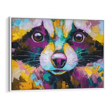 Obraz w ramie 70x50 - Przebudzenie snu artysty - zbliżenie, kolorowy portret szopa pracza - rama biała