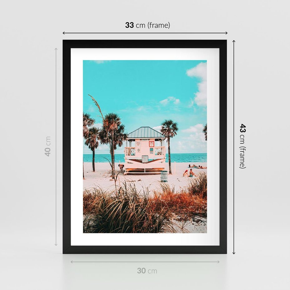 Plakat w ramie 30x40 - Plaża, Palmy i Spokój Miami - budka ratownika, plaża Miami - rama czarna