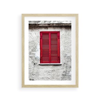 Plakat w ramie 30x40 - Okno z Czerwonymi Okiennicami - stare okno, kamienica - rama drewno