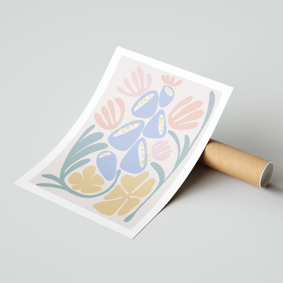 Plakat bez ramy 21x30 - Minimalistycznie i Pastelowo - pastelowe kwiaty, na beżowym tle