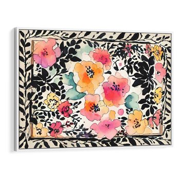 Obraz w ramie 100x70 - Opowieść w kroplach farb - akwarelowe kwiaty, mocna ornamentowa czarna ramka namalowana dookoła obrazu - rama biała