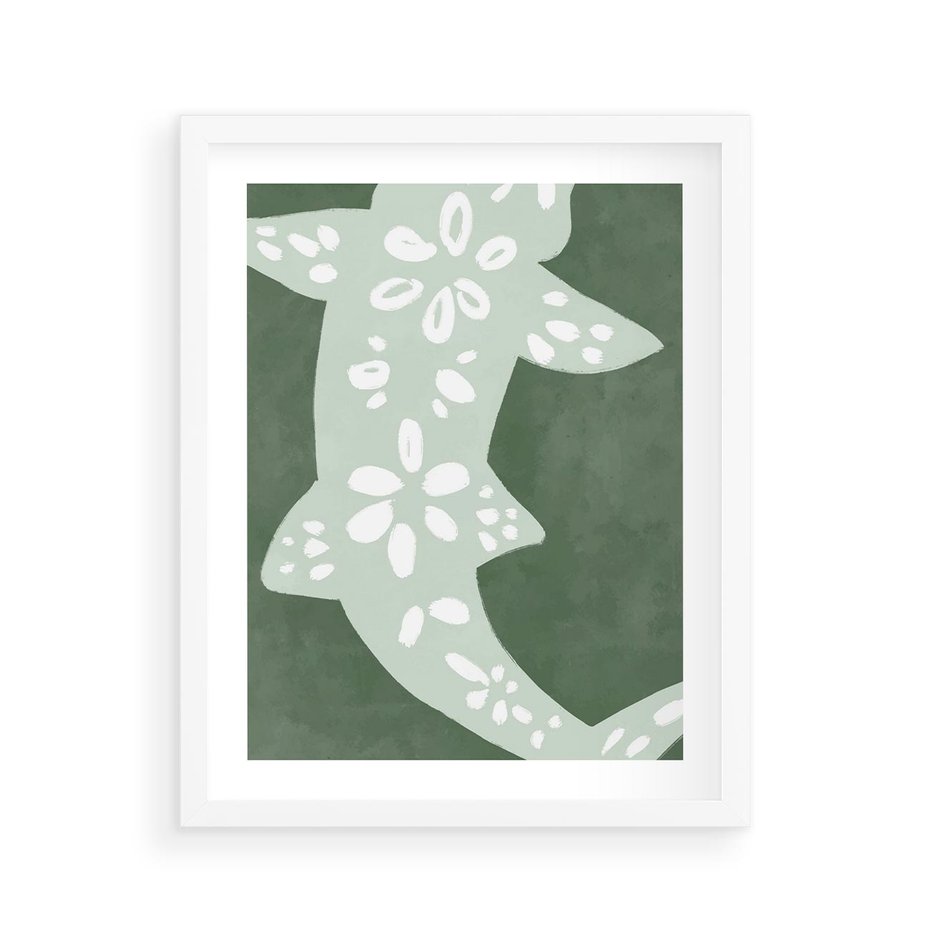 Plakat w ramie 40x50 - Migotliwe Wibracje Zieleni - zielony plakat, abstrakcja przypominająca rybę - rama biała