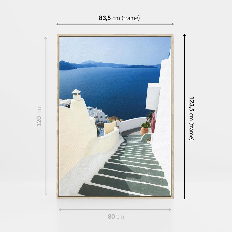 Obraz w ramie 80x120 - Malowniczy urok wyspy - Santorini, schodki - rama drewno