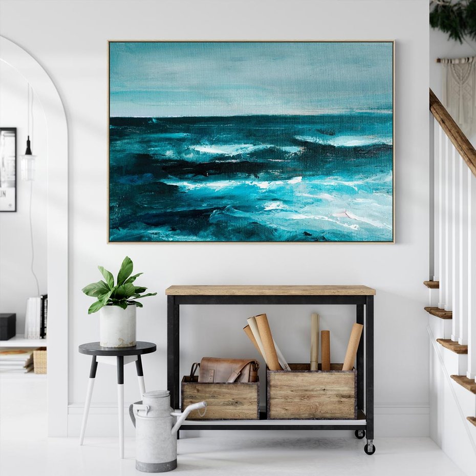 Obraz w ramie 70x50 - Burza Nad Granatowym Oceanem - piękny marynistyczny obraz olejny, wzburzone ciemne morze - rama drewno