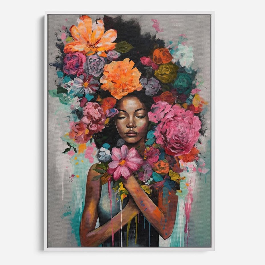 Obraz w ramie 50x70 - Z Głową w Kwiatach - obraz olejny, sztuka nowoczesna - rama biała