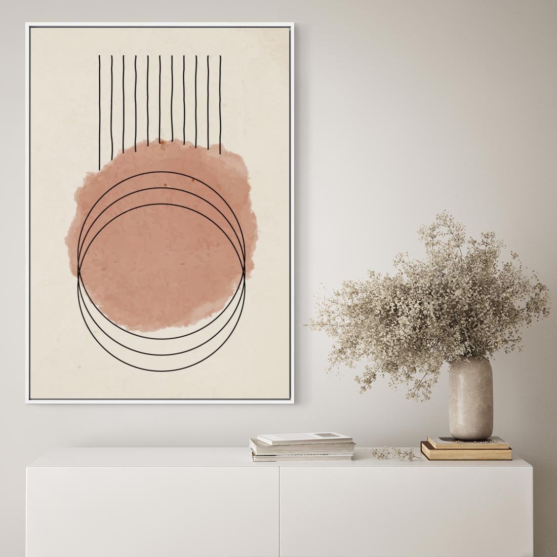 Obraz w ramie 50x70 - Migotliwe Kontury - akwarelowa plama, geometryczne szkicowane kształty - rama biała