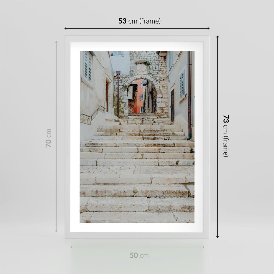 Plakat w ramie 50x70 - Schody we Włoskim Miasteczku - schody, śródziemnomorskie miasteczko - rama biała
