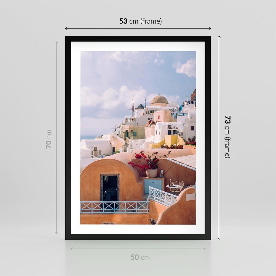 Plakat w ramie 50x70 - Błękit Morza i Białe Domki - Santorini, wyspa - rama czarna
