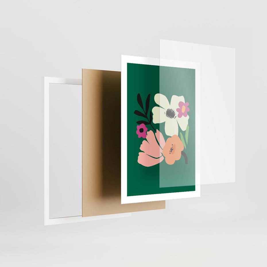 Plakat w ramie 50x70 - Rozbijające Echa - abstrakcyjne kwiaty, zielone tło - rama biała