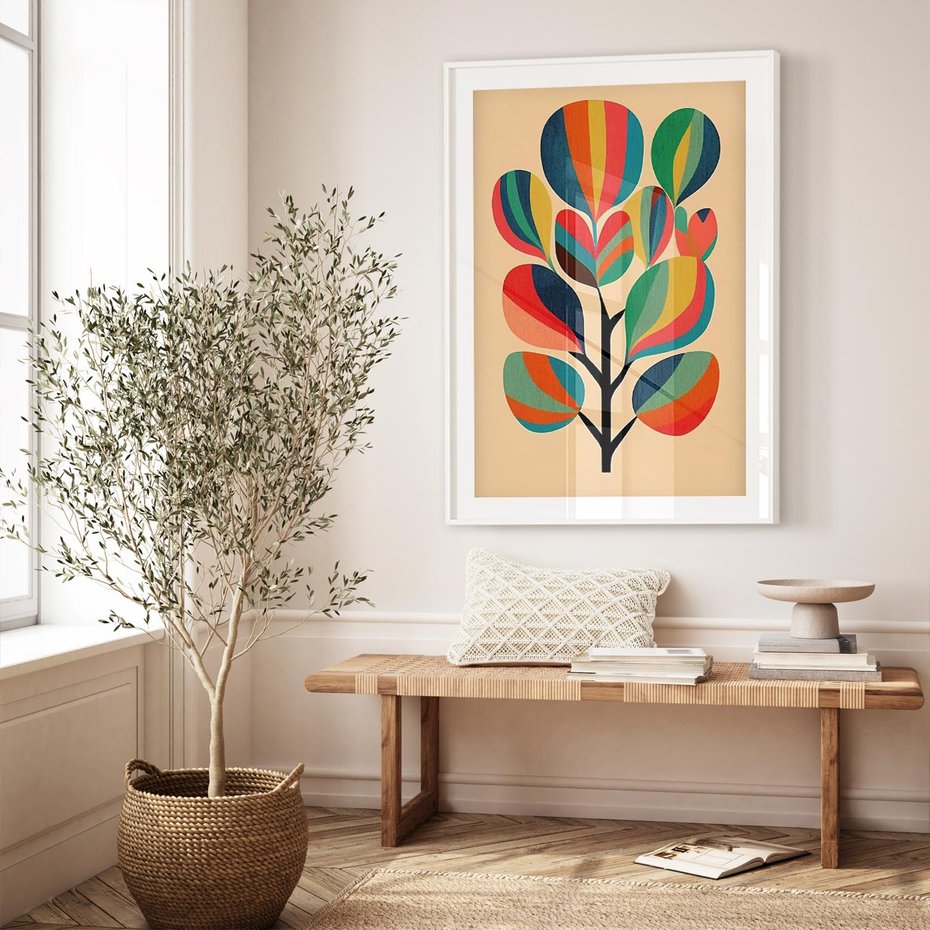 Plakat w ramie 30x40 - Harmonia Rozplątanych Form - abstrakcyjny kolorowy tęczowy obraz, inspiracje roślinne - rama biała