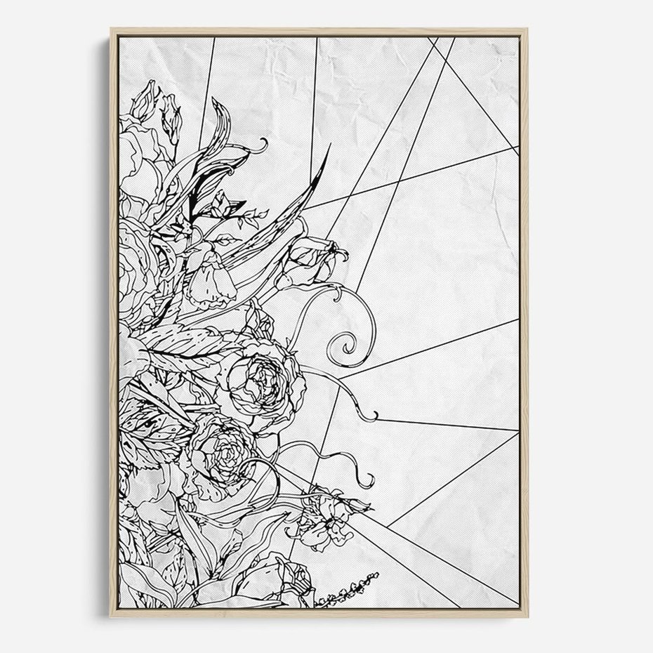 Obraz w ramie 70x100 - Refleksje w martwym punkcie - graficzny szkic, kompozycja kwiatów - rama drewno