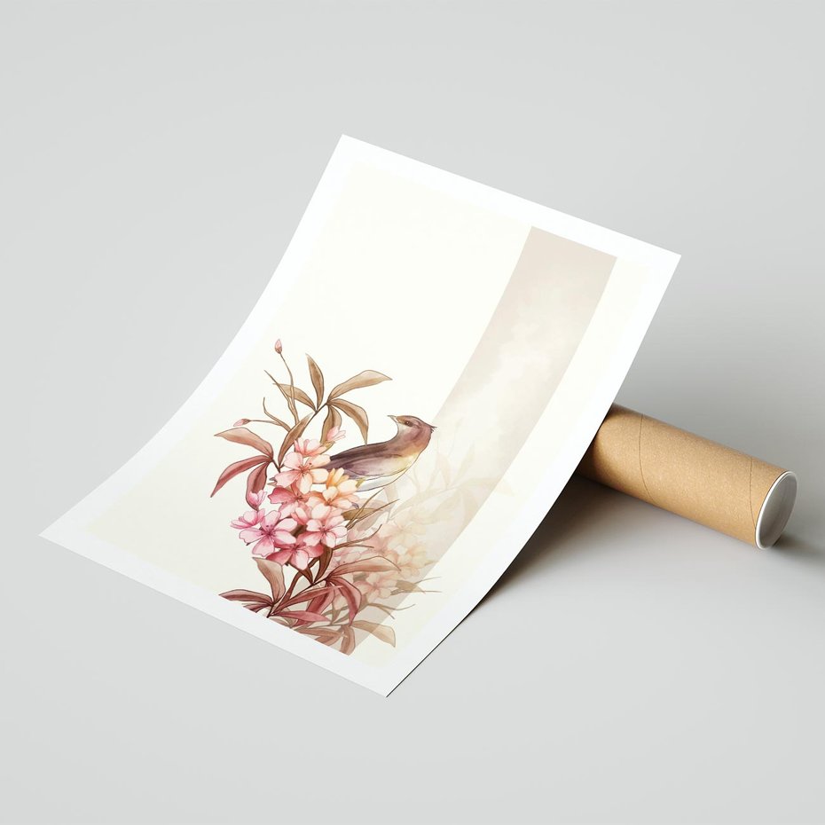 Plakat bez ramy 21x30 - Kwiatowe Zanurzenie - japońska sztuka, ptak