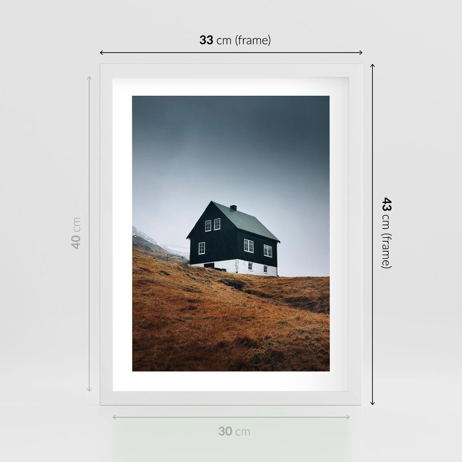 Plakat w ramie 30x40 - Ciepło i Przytulność - skandynawski, domek - rama biała