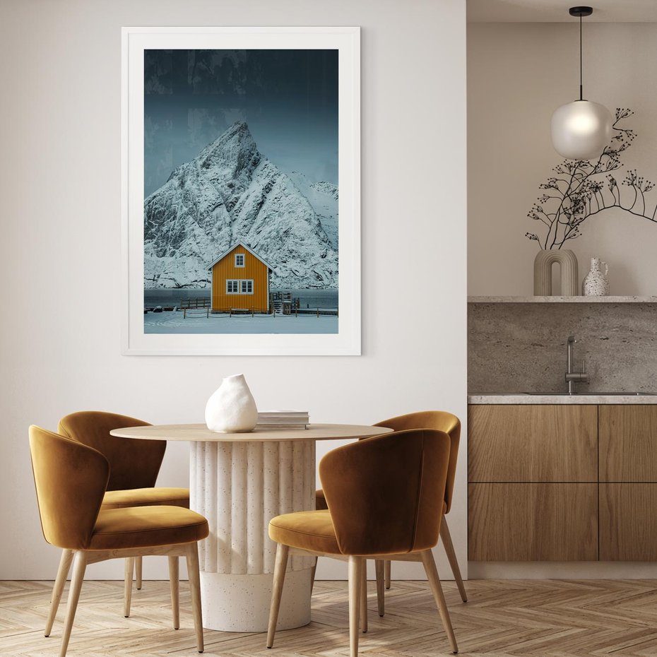 Plakat w ramie 50x70 - Urok Norweskich Domków - Skandynawia, Norwegia - rama biała