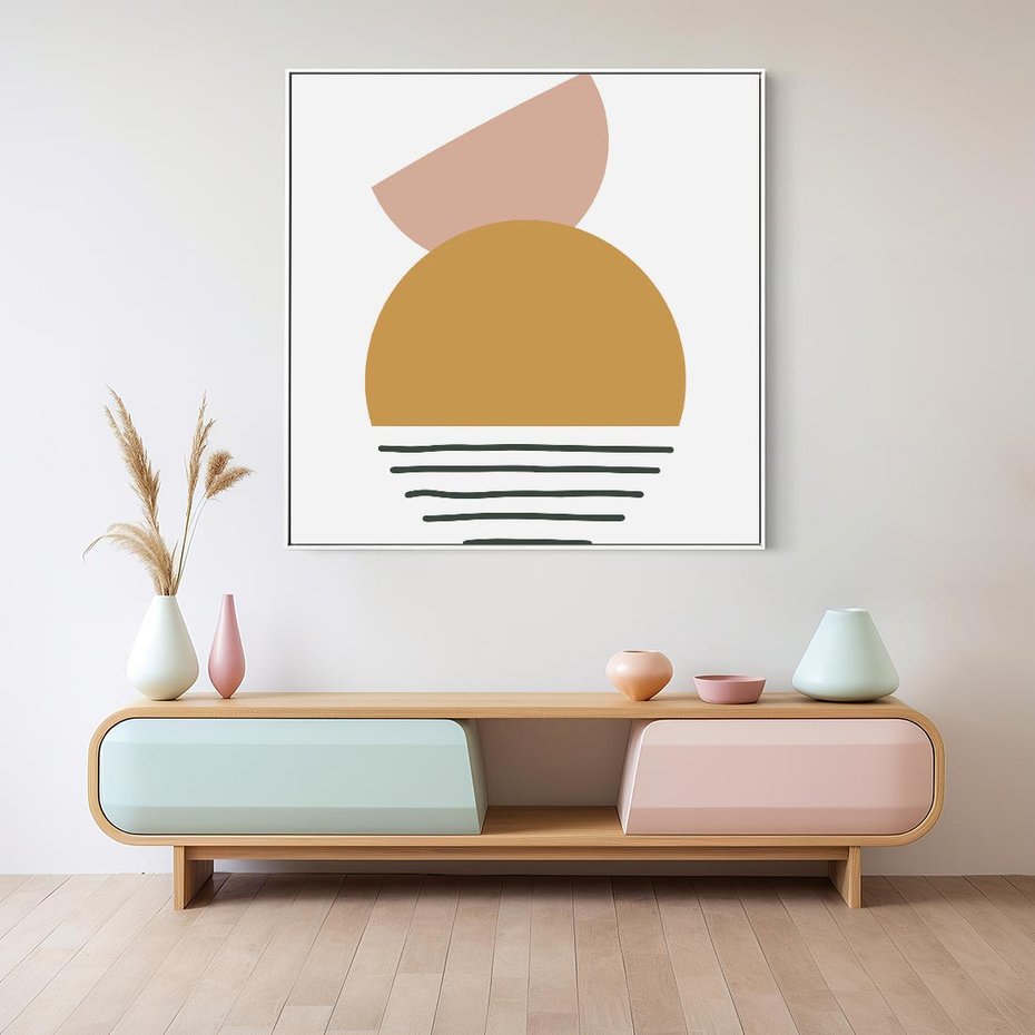 Obraz w ramie 50x50 - Kolory Przyszłości - kompozycja kół i kresek, ciepłe kolory - rama biała