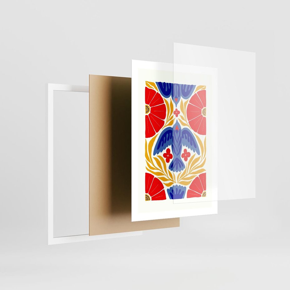 Plakat w ramie 50x70 - Eklektyczny Majestat - wyrazista grafika, mocne kolory czerwień niebieski żółty - rama biała