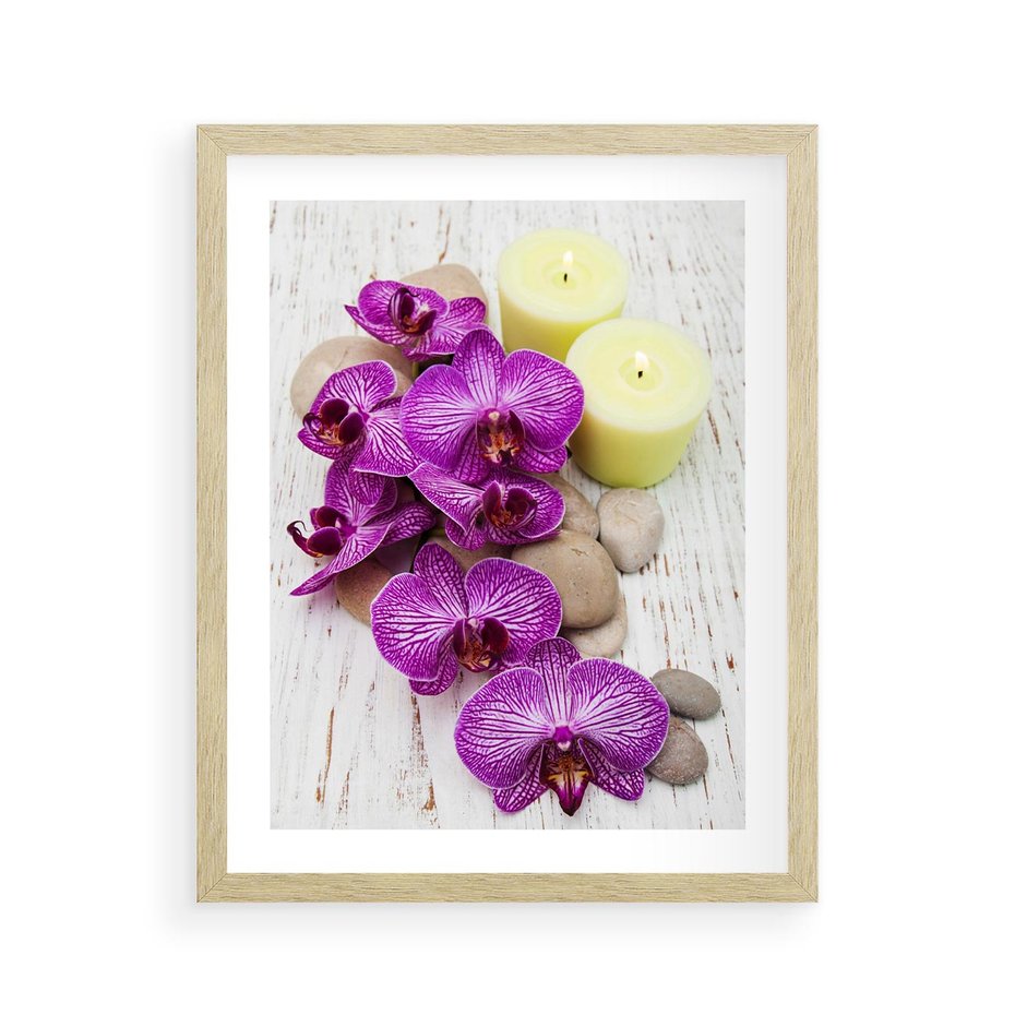 Plakat w ramie 40x50 - Relaksujące spa w otoczeniu orchidei - spa, świece - rama drewno